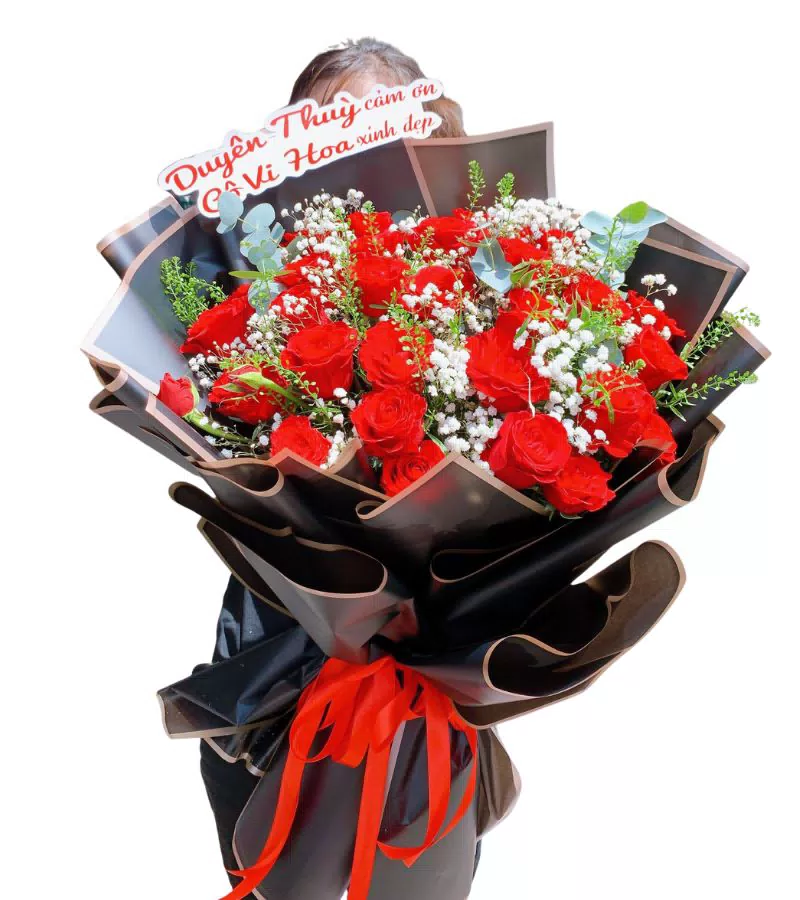 Bó Hoa Hồng Đỏ Cảm Ơn Baby Trắng Sang Trọng