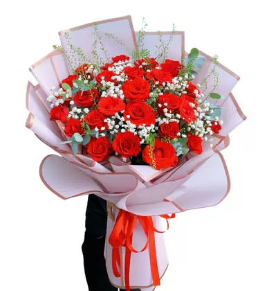 Bó Hoa Hồng Đỏ Giấy Hồng Cam Viền Kim Sang Trọng