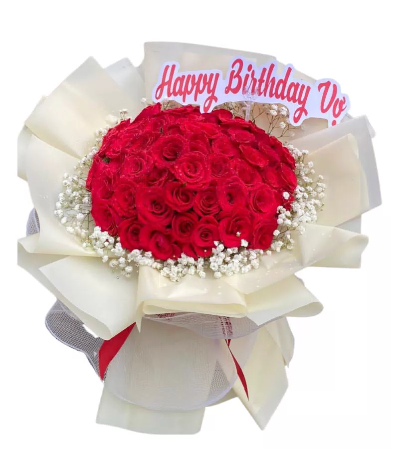 Bó Hoa Hồng Đỏ Giấy Trắng Happy Birthday Vợ