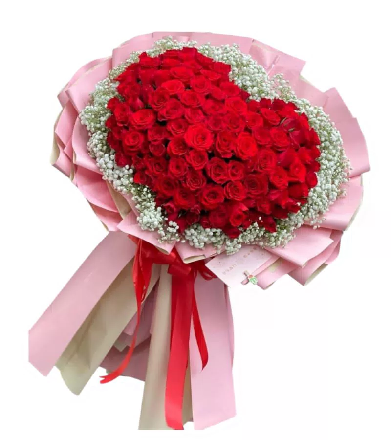 Bó Hoa Hồng Đỏ Trái Tim Nơ Hồng Lãng Mạn