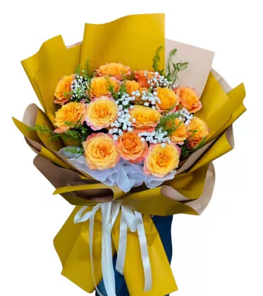 Bó Hoa Hồng Vàng Cam Rực Rỡ Gói Giấy Vàng
