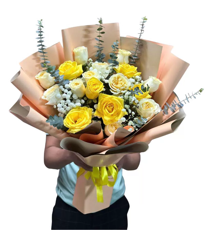 Bó Hoa Hồng Vàng Kem Giấy Cam Tươi Tắn Chúc Mừng