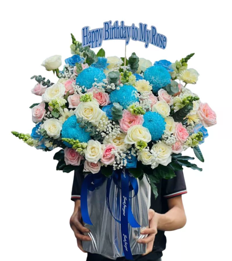 Giỏ Hoa Cúc Xanh Hồng Trắng Chúc Mừng Sinh Nhật