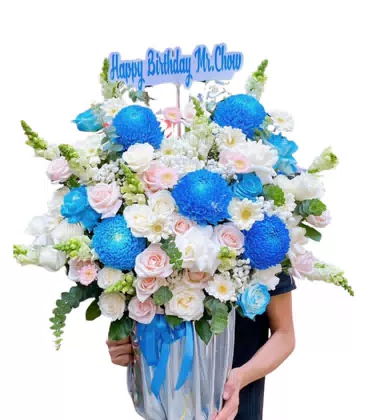 Giỏ Hoa Cúc Xanh Trắng Hồng Mừng Sinh Nhật
