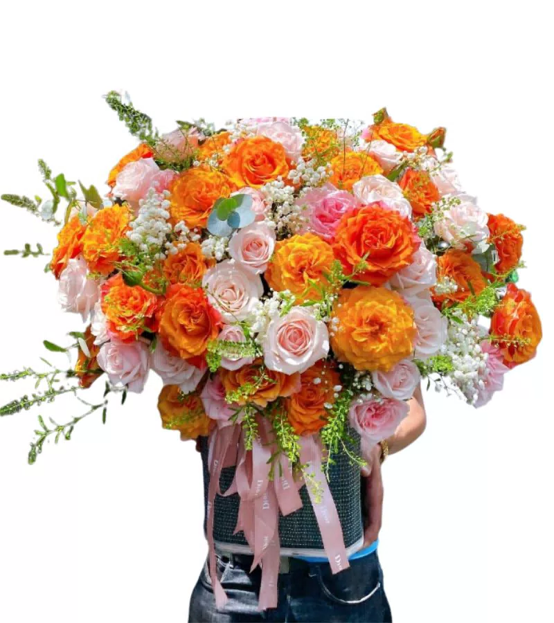 Giỏ Hoa Hồng Cam Hồng Phấn Nơ Dior Sang Trọng
