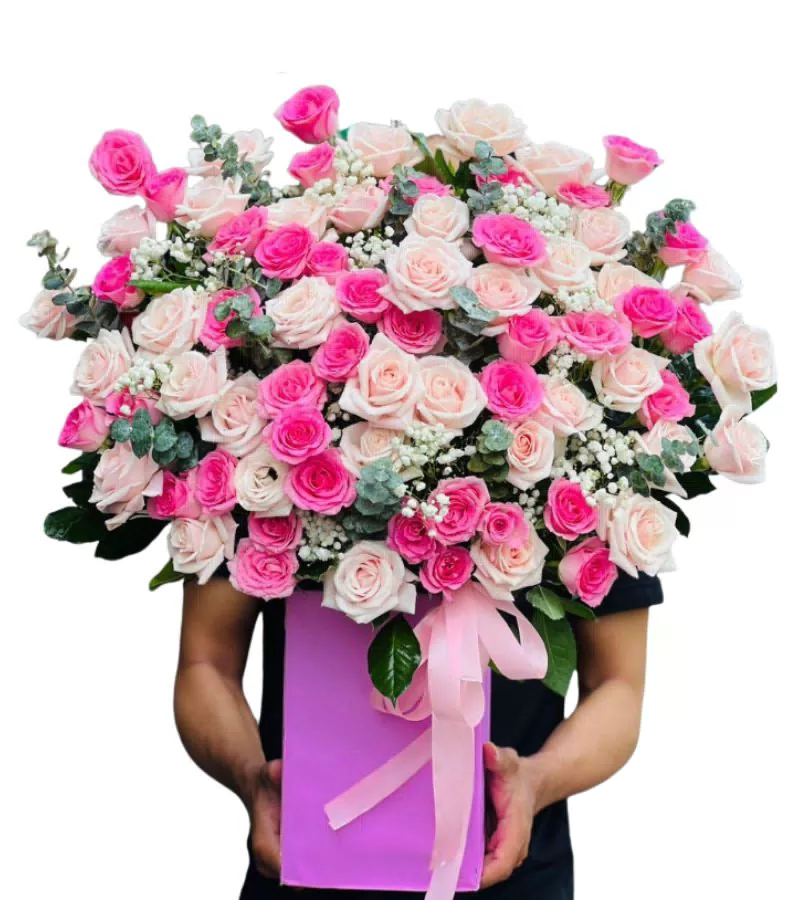Giỏ Hoa Hồng Cánh Sen Kem Hộp Tím Nữ Tính