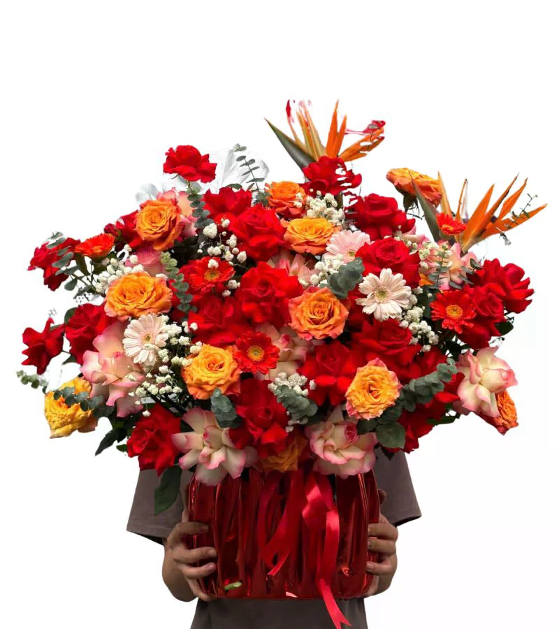 Giỏ Hoa Hồng Đỏ Cam Chúc Mừng Nồng Nhiệt