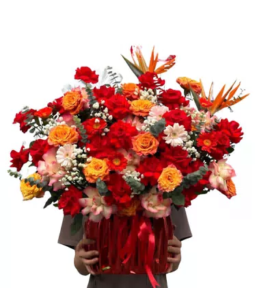 Giỏ Hoa Hồng Đỏ Cam Chúc Mừng Nồng Nhiệt