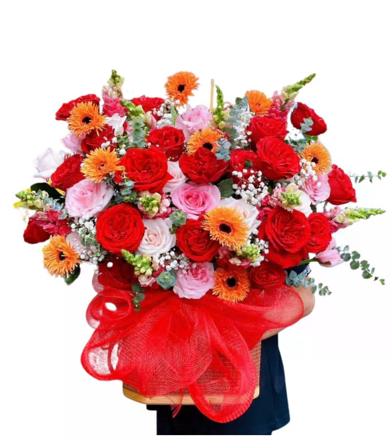 Giỏ Hoa Hồng Đỏ Hồng Phấn Đồng Tiền Cam Rực Rỡ