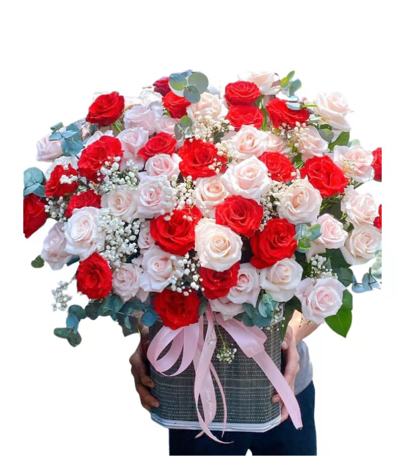 Giỏ Hoa Hồng Đỏ Phối Kem Nơ Hồng Lãng Mạn