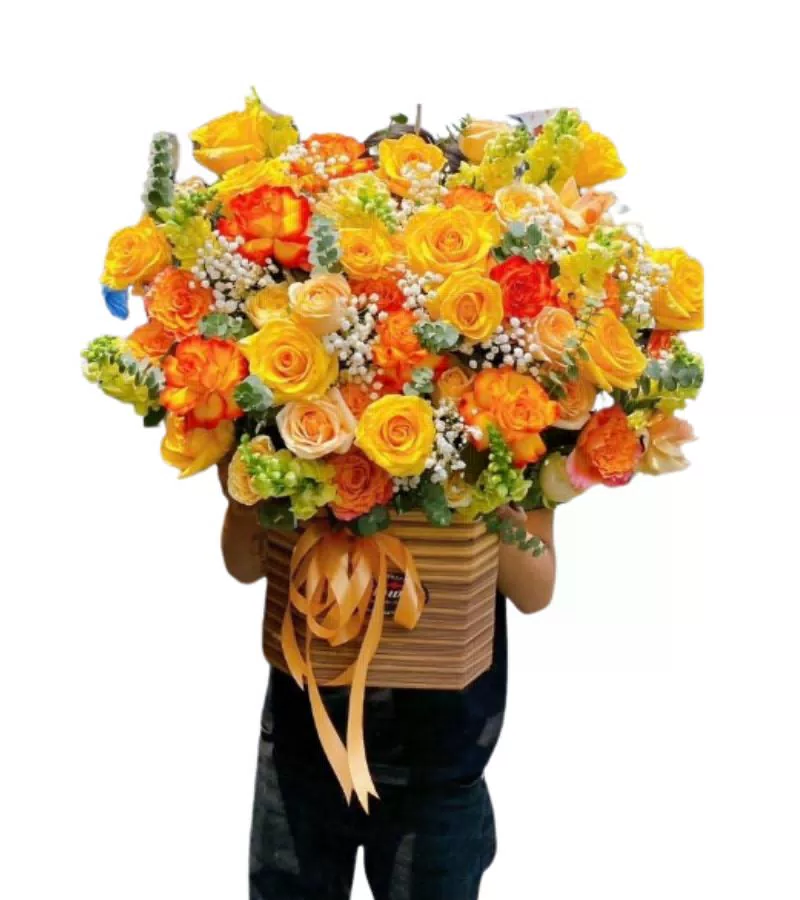 Giỏ Hoa Hồng Vàng Cam Đồng Tiền Rực Rỡ