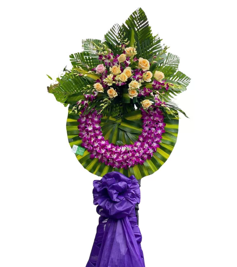 Kệ Hoa Chia Buồn 1 Tầng Lan Tím Hồng Cam Nơ Tím
