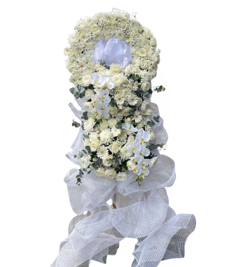 Kệ Hoa Chia Buồn 1 Tầng Trắng Phối Lan Hồ Điệp Trang Nghiêm