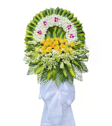 Kệ Hoa Chia Buồn 1 Tầng Vàng Trắng Phong Lan Trang Nghiêm