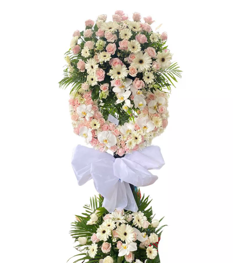 Kệ Hoa Chia Buồn 2 Tầng Hồng Phấn Lan Trắng Cúc Đồng Tiền