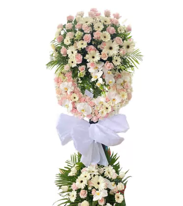 Kệ Hoa Chia Buồn 2 Tầng Hồng Phấn Lan Trắng Cúc Đồng Tiền