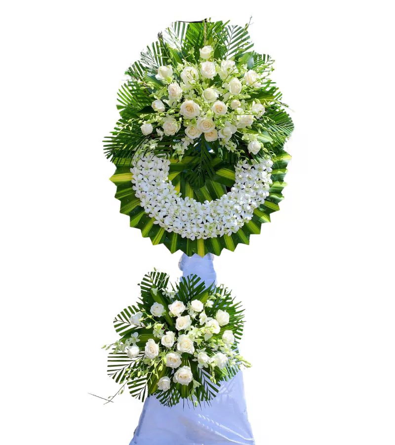 Kệ Hoa Chia Buồn 2 Tầng Hồng Trắng Lan Trắng Trang Trọng