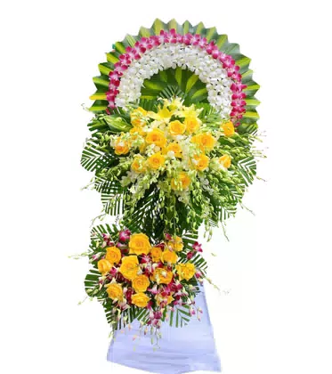 Kệ Hoa Chia Buồn 2 Tầng Hồng Vàng Lan Trắng Tím