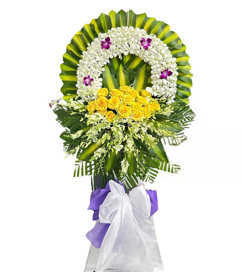 Kệ Hoa Chia Buồn 2 Tầng Lan Trắng Điểm Tím Hồng Vàng
