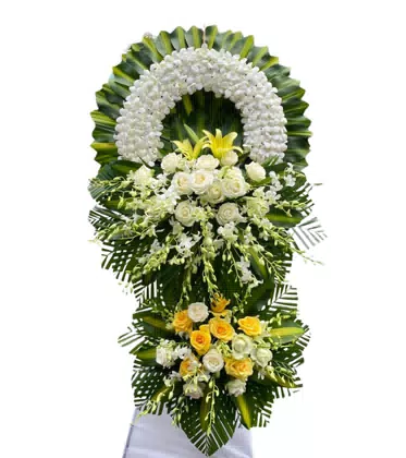 Kệ Hoa Chia Buồn 2 Tầng Lan Trắng Hồng Trắng Ly Vàng