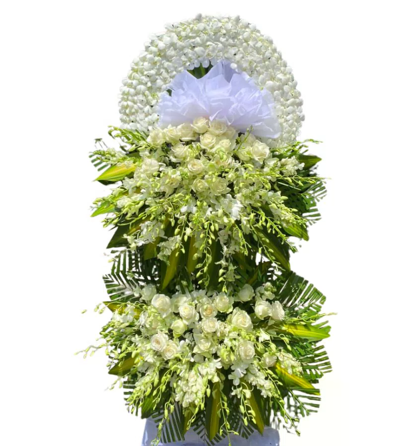 Kệ Hoa Chia Buồn 2 Tầng Lan Trắng Hồng Trắng Nơ Trắng