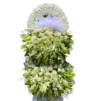 Kệ Hoa Chia Buồn 2 Tầng Lan Trắng Hồng Trắng Nơ Trắng