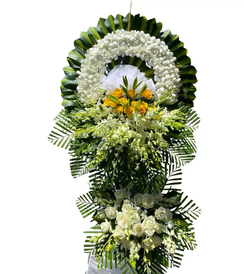 Kệ Hoa Chia Buồn 2 Tầng Lan Trắng Hồng Vàng Nhạt Nhàng