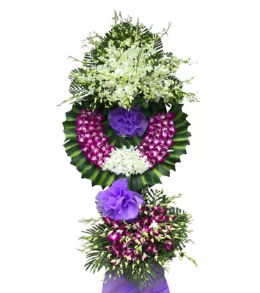Kệ Hoa Chia Buồn 3 Tầng Lan Tím Trắng Nơ Tím