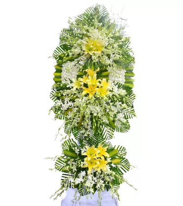 Kệ Hoa Chia Buồn 3 Tầng Ly Vàng Lan Trắng Trang Nghiêm