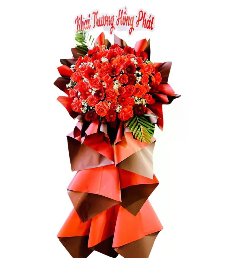 Kệ Hoa Khai Trương 1 Tầng Đỏ Cam Kèm Băng Rôn