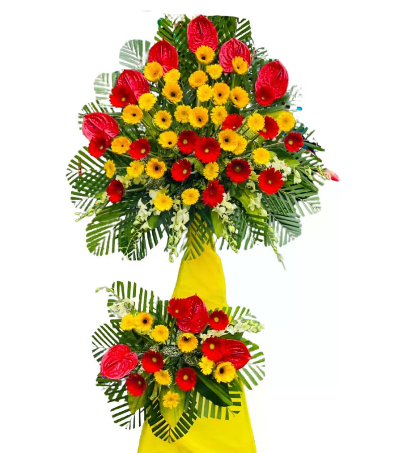 Kệ Hoa Khai Trương 2 Tầng Hồng Môn Đỏ Đồng Tiền Vàng