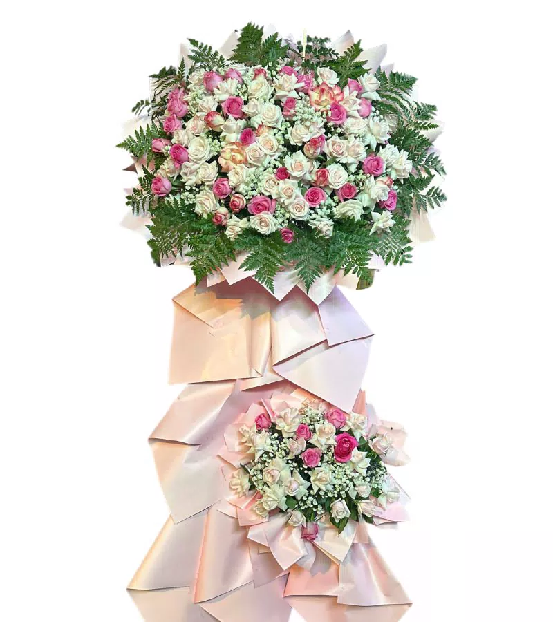 Kệ Hoa Khai Trương 2 Tầng Trắng Hồng Phối Dương Xỉ