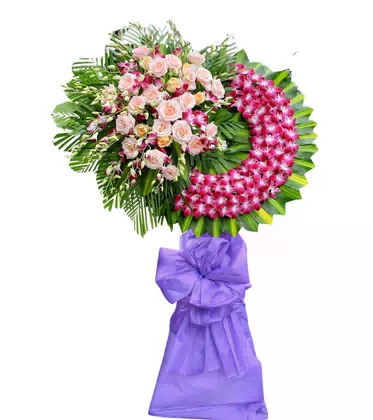 Vòng Hoa Chia Buồn Hồng Phấn Lan Tím Nơ Tím