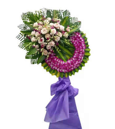 Vòng Hoa Chia Buồn Lan Tím Hồng Phấn Nơ Tím Trang Nhã