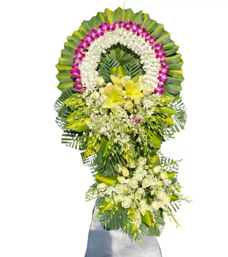 Vòng Hoa Chia Buồn Lan Trắng Tím Điểm Vàng