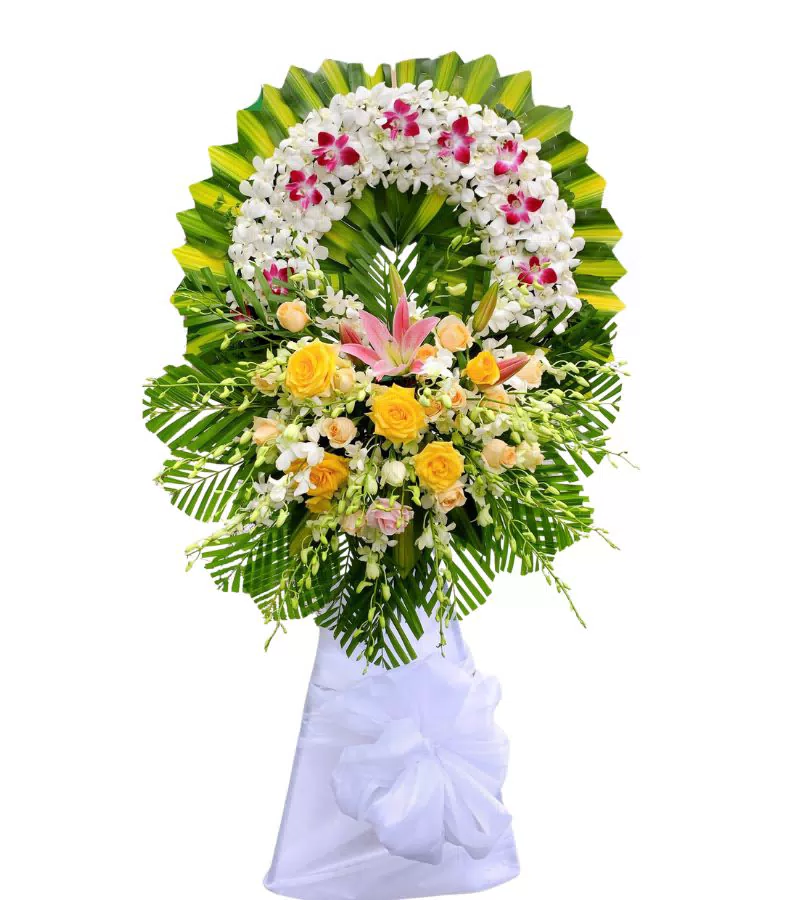 Vòng Hoa Chia Buồn Lan Trắng Tím Loa Kèn Hồng Vàng