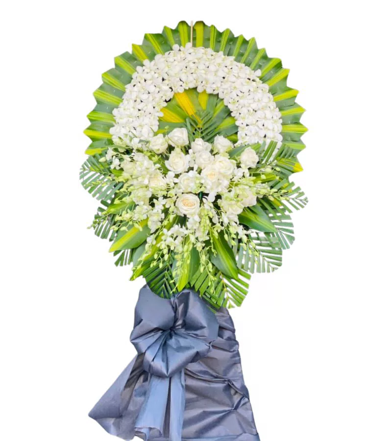 Vòng Hoa Chia Buồn Trắng Hồng Trắng Nơ Xanh Xám