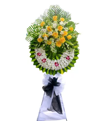 Vòng Hoa Chia Buồn Trắng Hồng Vàng Nơ Đen
