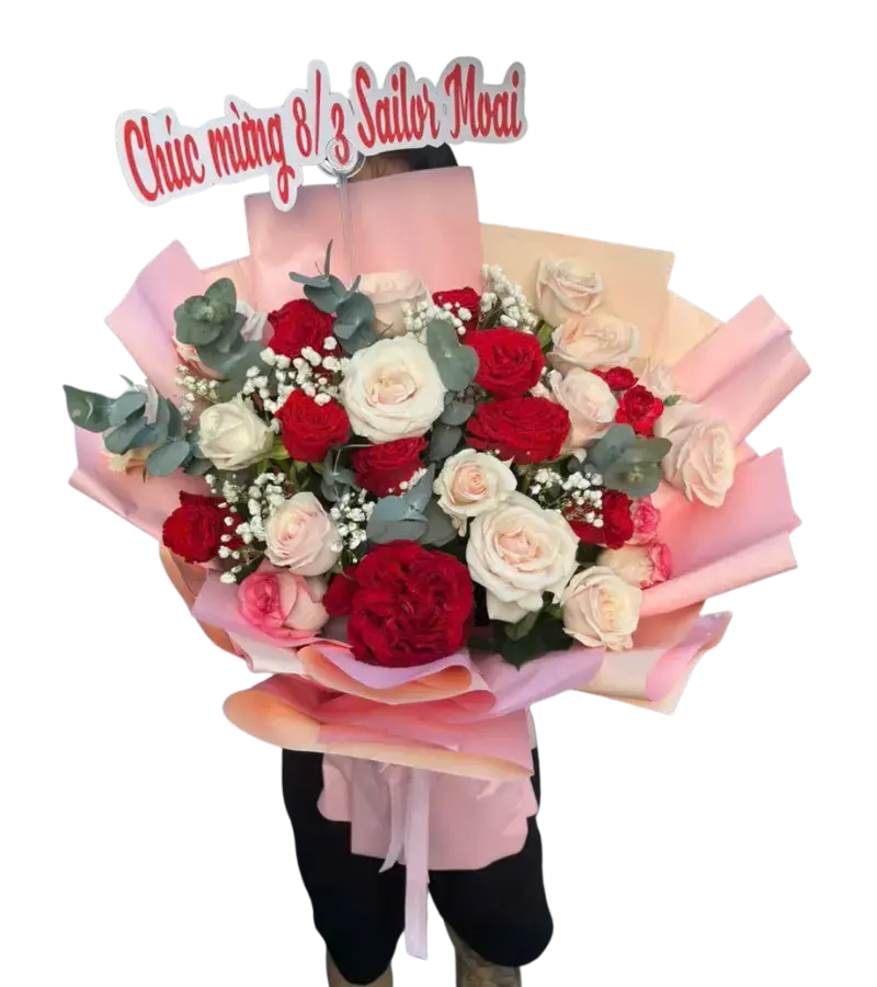 Bó hoa hồng đỏ trắng mừng 8/3