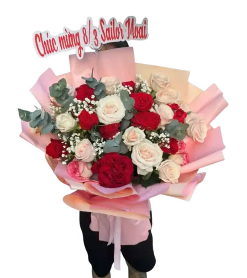 Bó hoa hồng đỏ trắng mừng 8/3