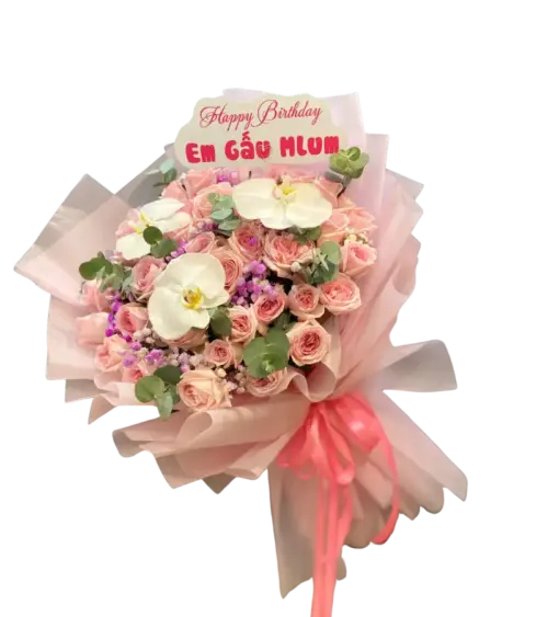 Bó hoa hồng phấn phối lan hồ điệp