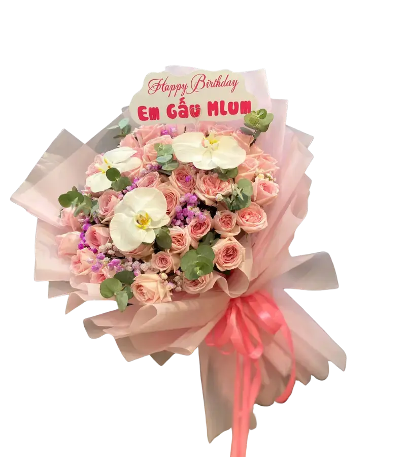 Bó hoa hồng phấn phối lan hồ điệp