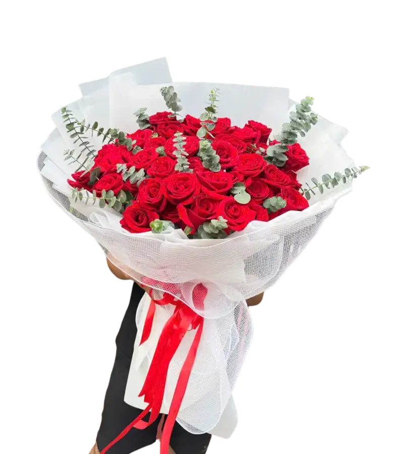 Bó hoa hồng đỏ gói lưới trắng