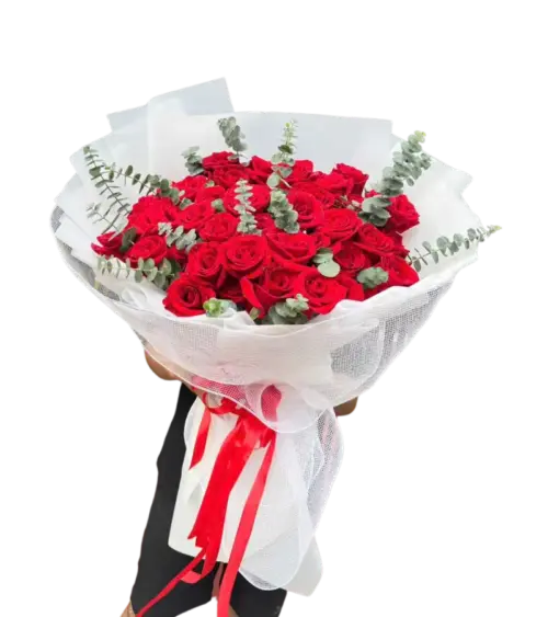 Bó hoa hồng đỏ gói lưới trắng