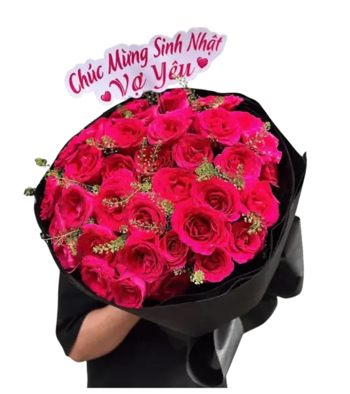 Bó hoa hồng đỏ tươi gói đen
