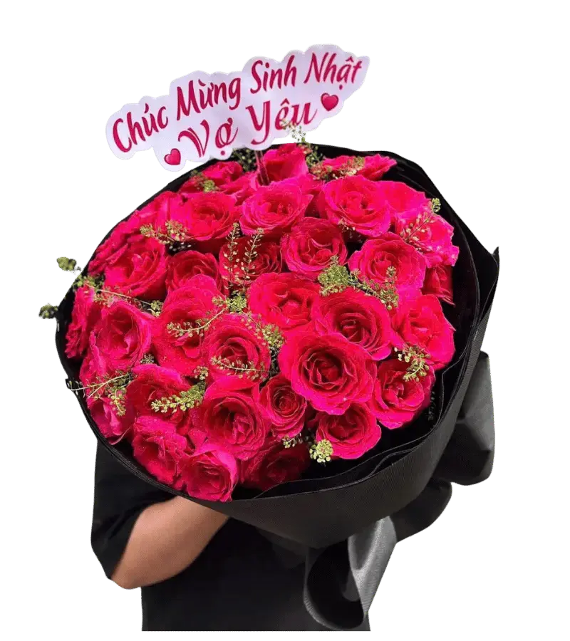 Bó hoa hồng đỏ tươi gói đen