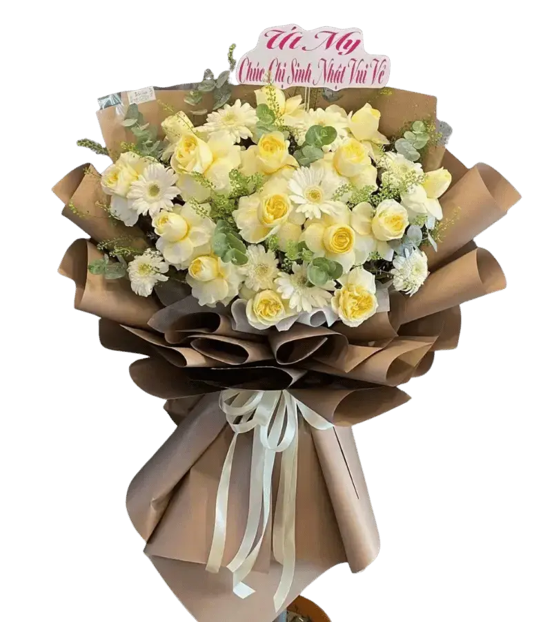 Bó hoa hồng vàng nhạt hoa cúc