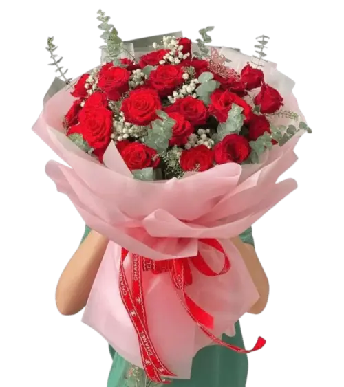 Bó hoa hồng đỏ gói hồng phấn