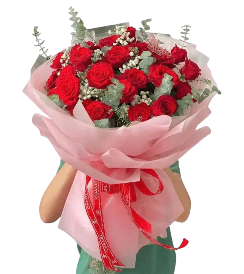 Bó hoa hồng đỏ gói hồng phấn