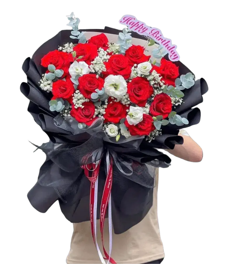 Bó hoa hồng đỏ xen hoa cát tường trắng